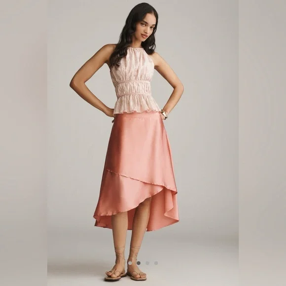 Anthropologie Silky Tiered Midi Asymmetrical Peach “Rosette” Skirt - Picture 4 of 4